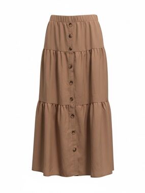 Tan Button-Down Tiered Maxi Skirt with Elastic Waist